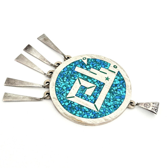 Vintage Taxco Mexico Sterling Turquoise Onyx Heavy Medallion Reversible Pendant - Picture 3 of 12